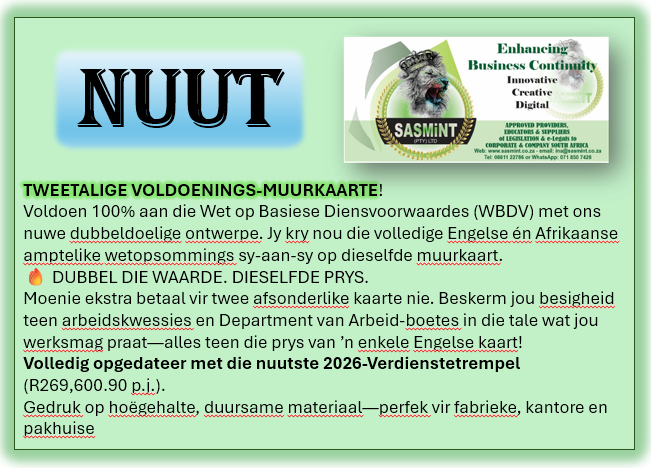 2026 Twee-talige Regstabelle — WBDV, WGI & Wet op Beroepsgesondheid en -veiligheid (Afrikaans + Engels)