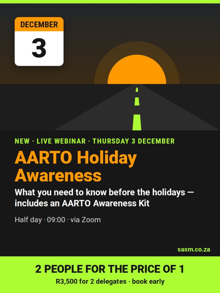 AARTO Holiday Awareness live webinar, 3 December 2026: 2 people for the price of 1